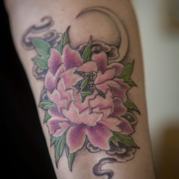 Fine line in muted colours. A peony, crescent moon and clouds by Harriet Street