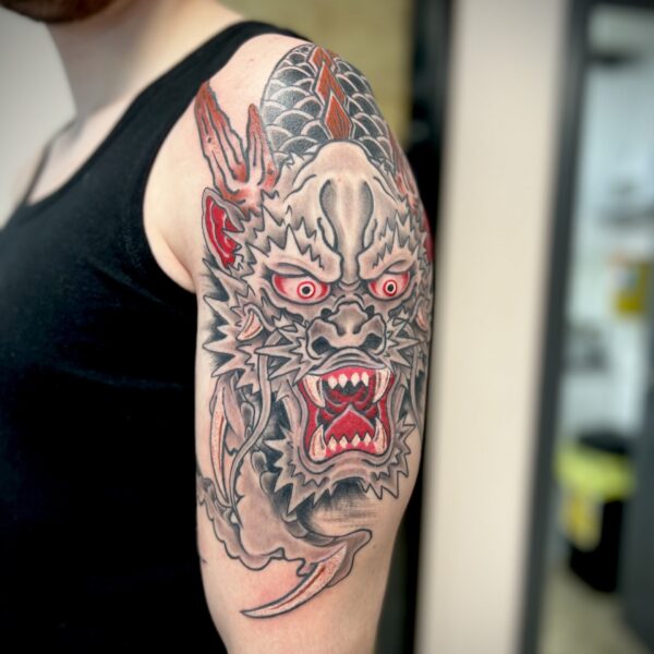 Freehand Dragon Half Sleeve by Antony Dickinson at Nowhere Tattooing in Brighton