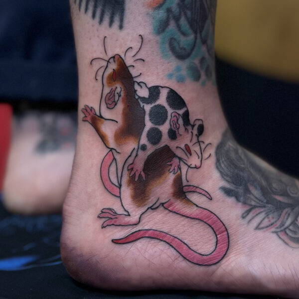 Custom Japanese Rats (Nezumi) tattooed between existing tattoos to fill gaps by Harriet Street in Brighton, UK