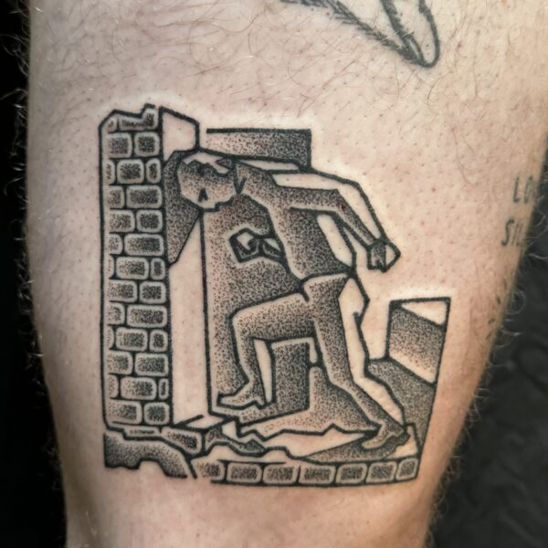 Hand-poked tattoo by Adam Sage, featuring smooth, precise linework and strong graphic composition. Inspired by brutalist architecture, children’s book illustration, and Soviet poster design, Adam creates timeless, non-electric tattoos with bold, simple forms.