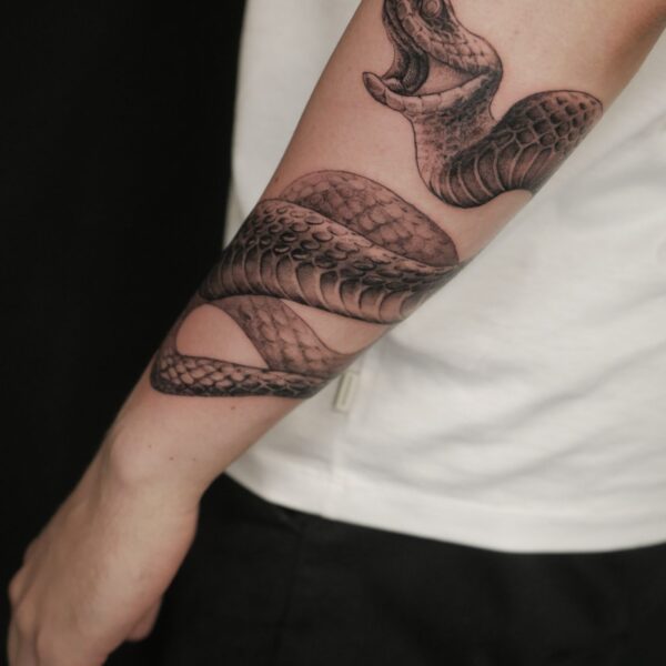 Realistic snake tattoo on a clients forearm by Alex Rufio. Inspired by Renaissance masters, Alex Rufios tattoo practice focuses on creating hyperrealist tattoos depicting people, animals or objects from historical paintings, and European stories. The work he creates is very popular as the tattoos he makes look alike to highly detailed drawings, or paintings.