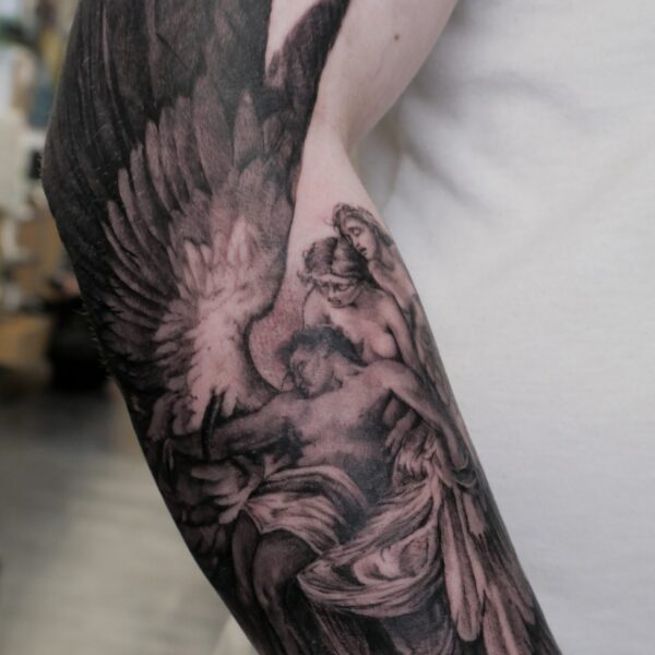 Detailed tattoo by Alex Rufio showcasing clean lines and strong composition, blending illustrative and realistic styles. Inspired by European Renaissance and postwar artists, Alex’s work balances classic influences with modern execution, creating timeless custom pieces.