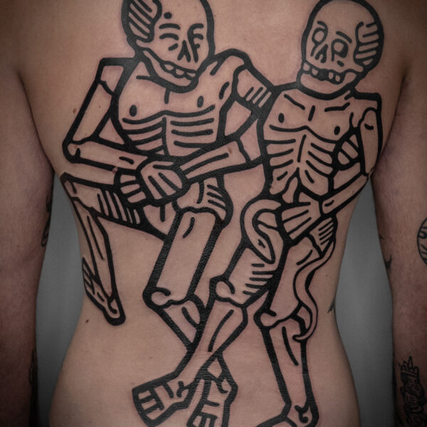 Skeleton tattoo by resident artist, Mouse. Based in both Brighton and London, Mouse creates bold, medieval inspired work. His bold style is both unique, and immediately recognizable.