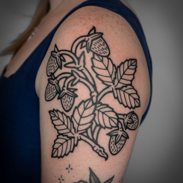 A bold tattoo by Mouse depicting a bunch of berries on the vine. Mouse is a tattoo artist based at Nowhere Tattoo Shop, who creates fun, quirky, and detailed tattoos. Bugs, trolls, wizards, gnomes, and dragons, Mouse is open to tattooing all things whimsical, and folky. He has a large portfolio of flash to choose from, and is always interested in taking ideas to create custom tattoos.