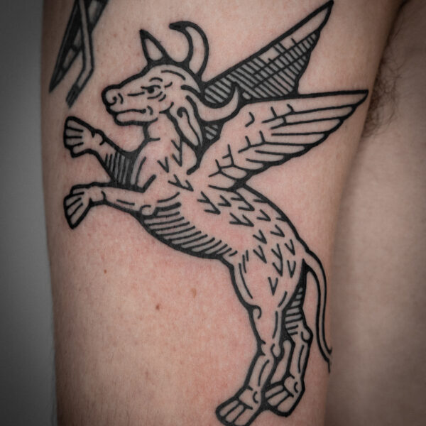 Intricate tattoo by Mouse, inspired by medieval woodcut illustration and folklore. The design features detailed, hand-drawn linework blending magical and mythical imagery with surreal and playful elements. Mouse works between London and Brighton, creating storytelling tattoos with bold, meticulous detail.