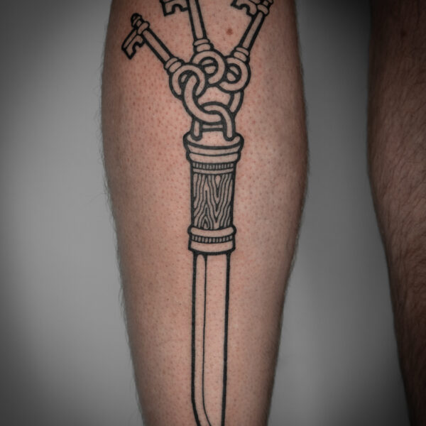 Intricate tattoo by Mouse, inspired by medieval woodcut illustration and folklore. The design features detailed, hand-drawn linework blending magical and mythical imagery with surreal and playful elements. Mouse works between London and Brighton, creating storytelling tattoos with bold, meticulous detail.