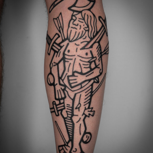 Intricate tattoo by Mouse, inspired by medieval woodcut illustration and folklore. The design features detailed, hand-drawn linework blending magical and mythical imagery with surreal and playful elements. Mouse works between London and Brighton, creating storytelling tattoos with bold, meticulous detail.