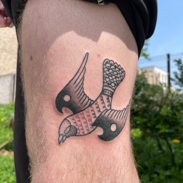 Handpoke tattoo by Rhianna I’Anson, featuring detailed, textural linework inspired by artefacts, stonework, and folklore. Rhianna works from Nowhere Tattooing in Brighton, blending traditional techniques with a timeless, organic style